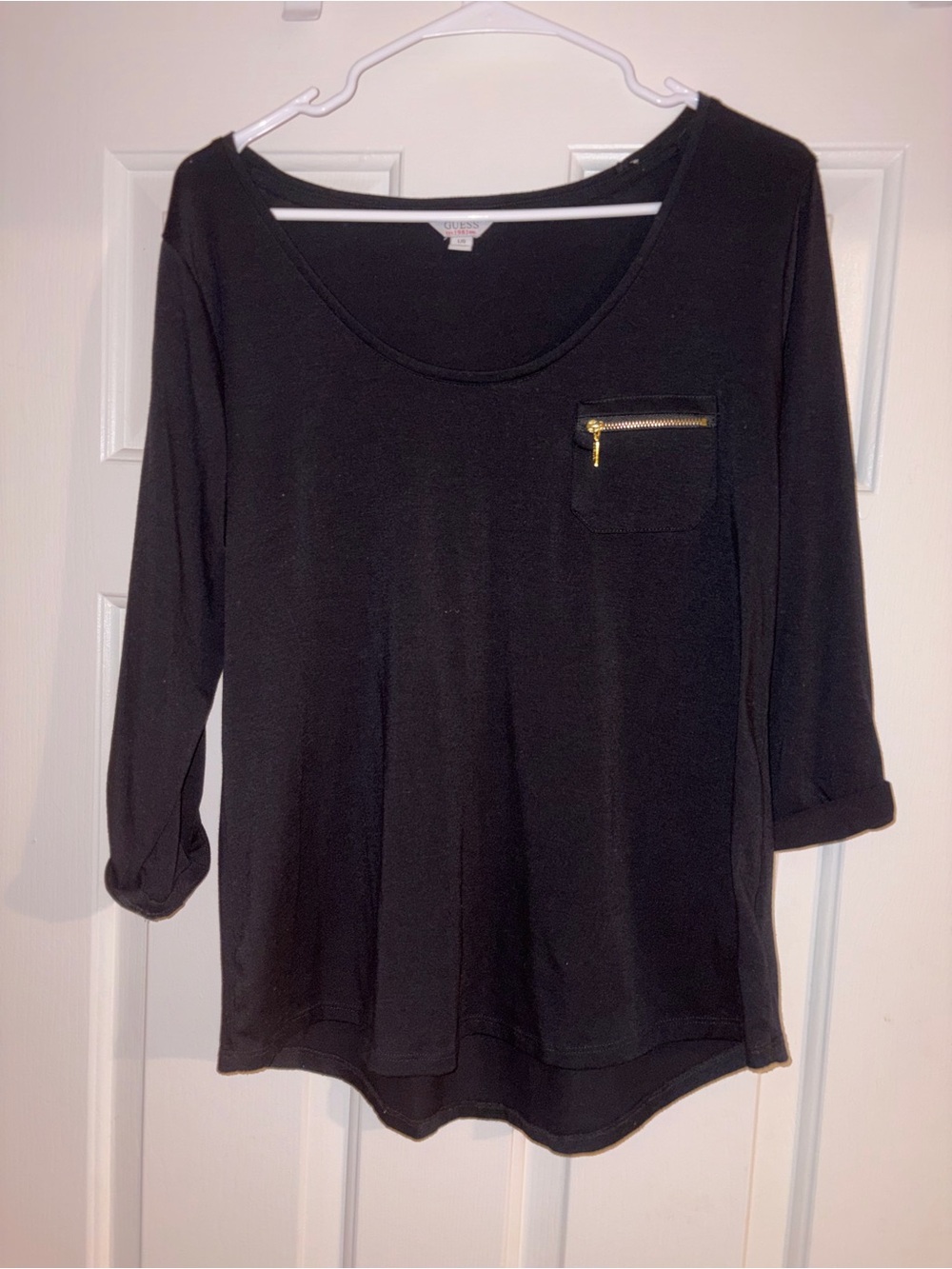 Guess Black Long Sleeve Scoop Neck Top with Gold Zip Pocket